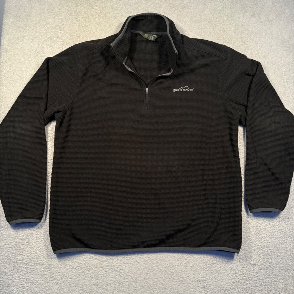 Y2K Eddie Bauer Mens Black Waffle Knit‎ Quarter Zip Pullover Fleece Sweatshirt L